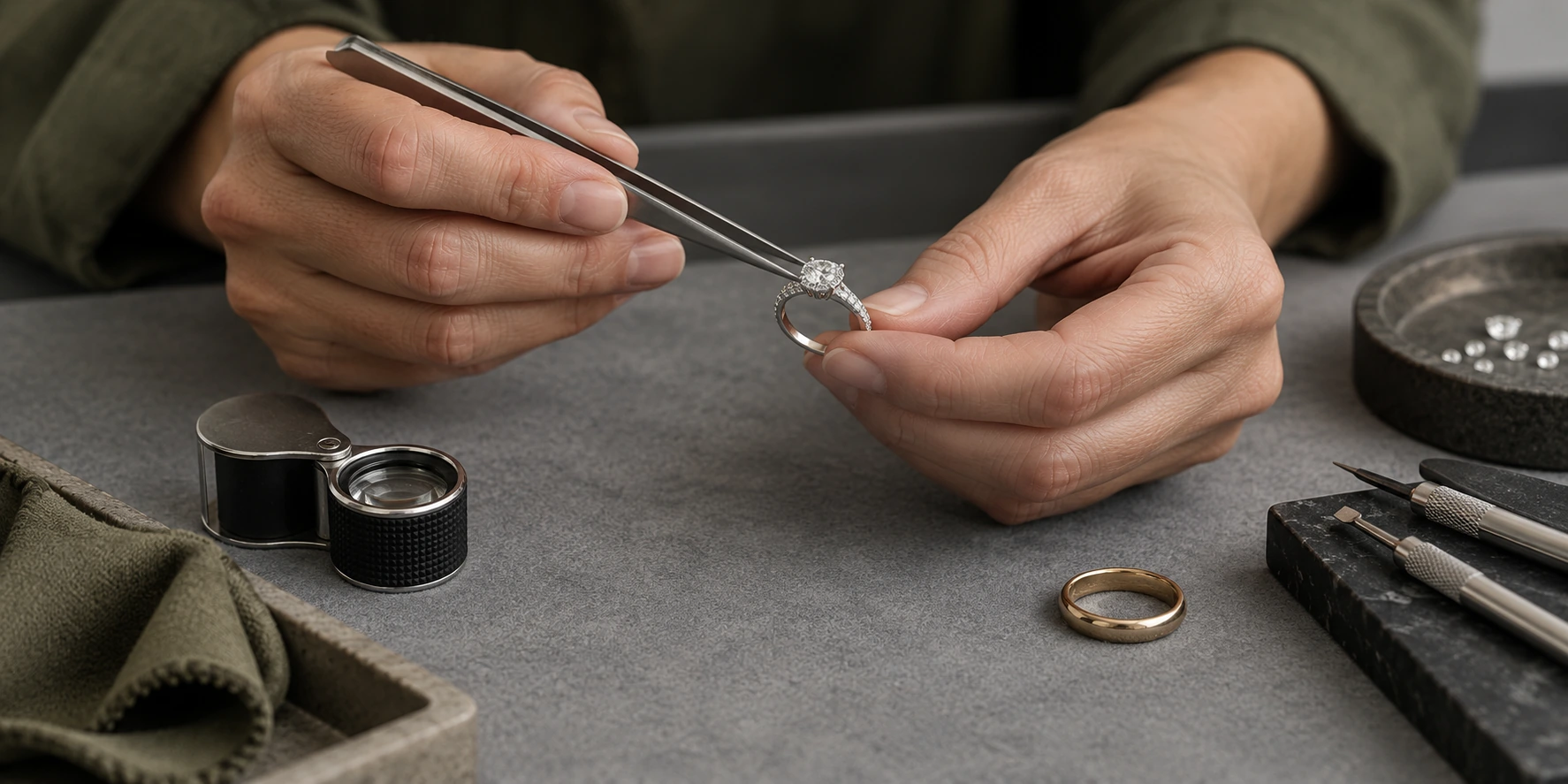 Close-up of a jeweler carefully inspecting a diamond ring with precision tools