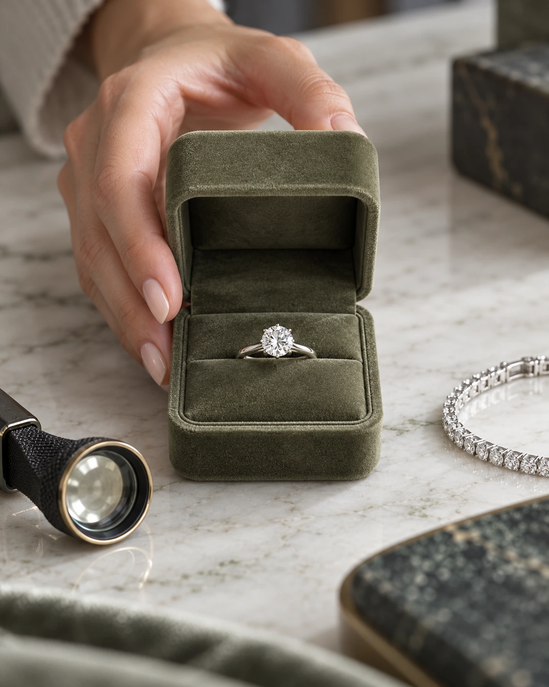 A hand presenting a diamond solitaire in an olive velvet box on a pale stone counter