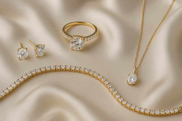 Gold diamond ring, stud earrings, tennis bracelet and pendant arranged on ivory silk