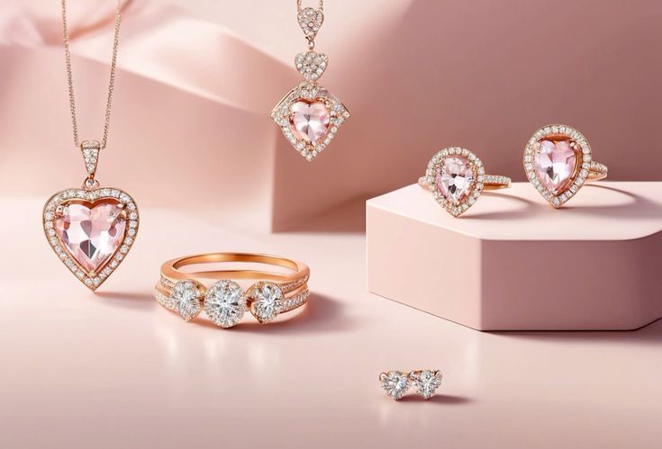 Rose gold heart pendants, halo rings and heart studs on a blush pink display