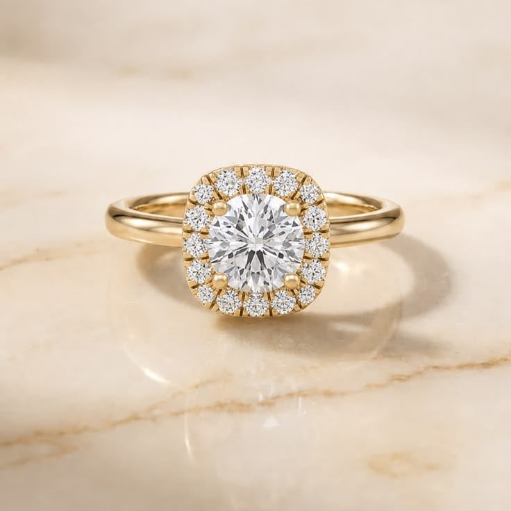 Yellow gold cushion halo diamond ring on cream marble
