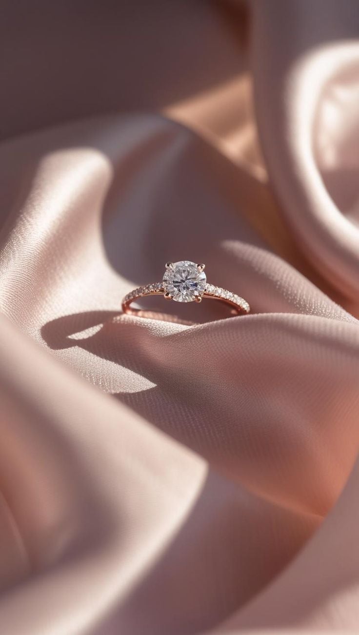 Rose gold diamond engagement ring resting on blush satin