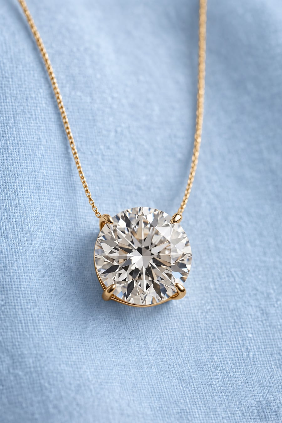 Close view of a round brilliant diamond in a four-prong gold setting