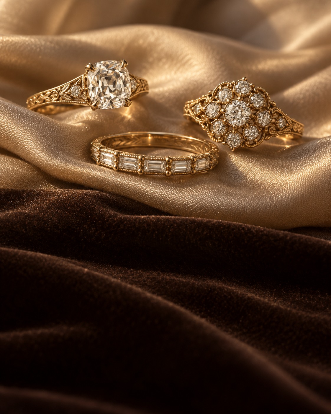 Three vintage-style gold rings with filigree shanks, a cushion-cut diamond solitaire, a baguette band and a diamond cluster, on champagne silk