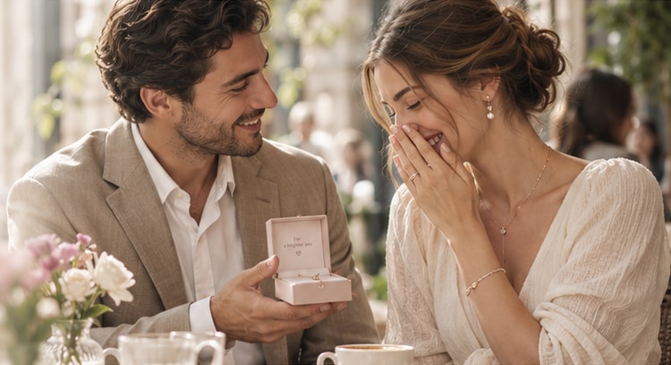 Man offering a small jewellery box to a delighted woman at a café table