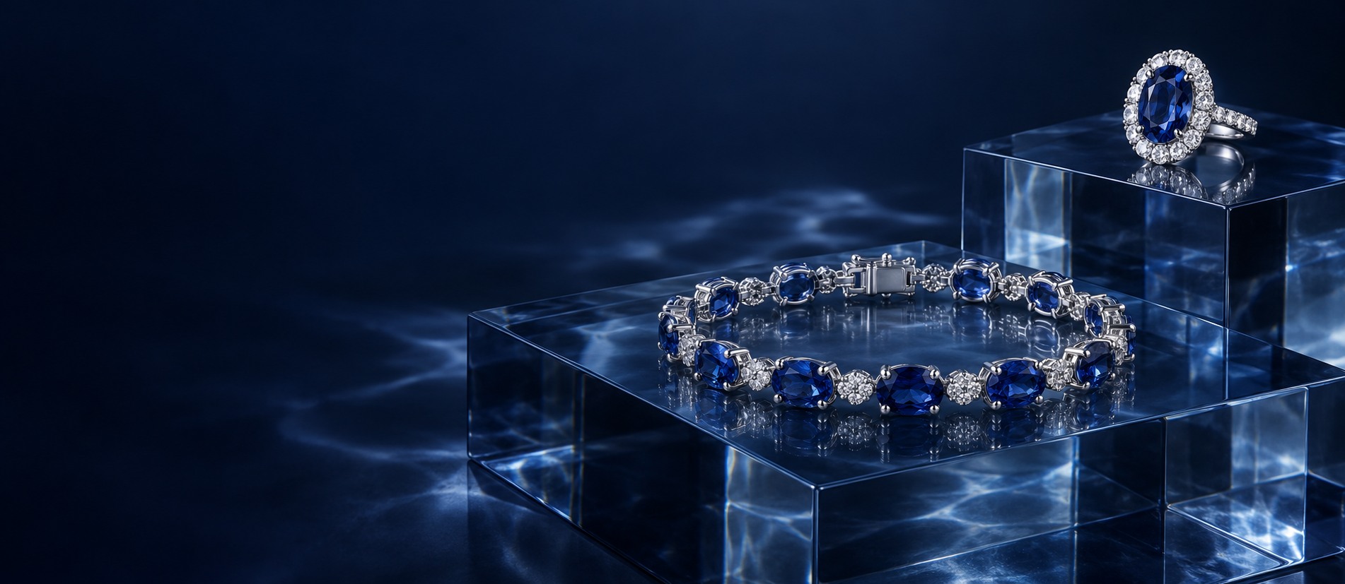 Sapphire and diamond bracelet with a halo ring on navy glass