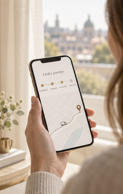 Customer holding a phone that shows an order journey from confirmed to delivered on a delivery map
